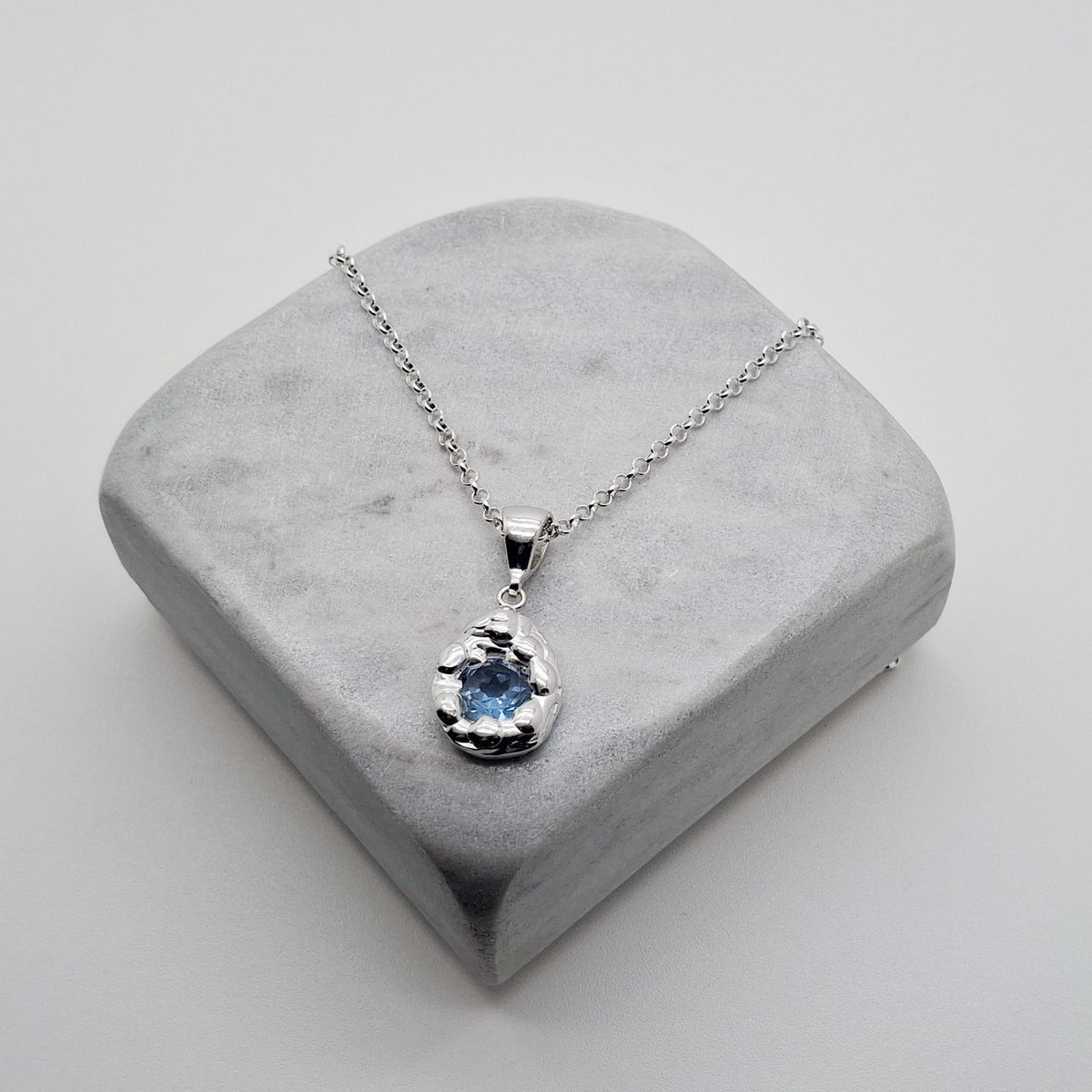 Free-Form Droplet Necklace | Light Blue CZ Talisman, alternate angle
