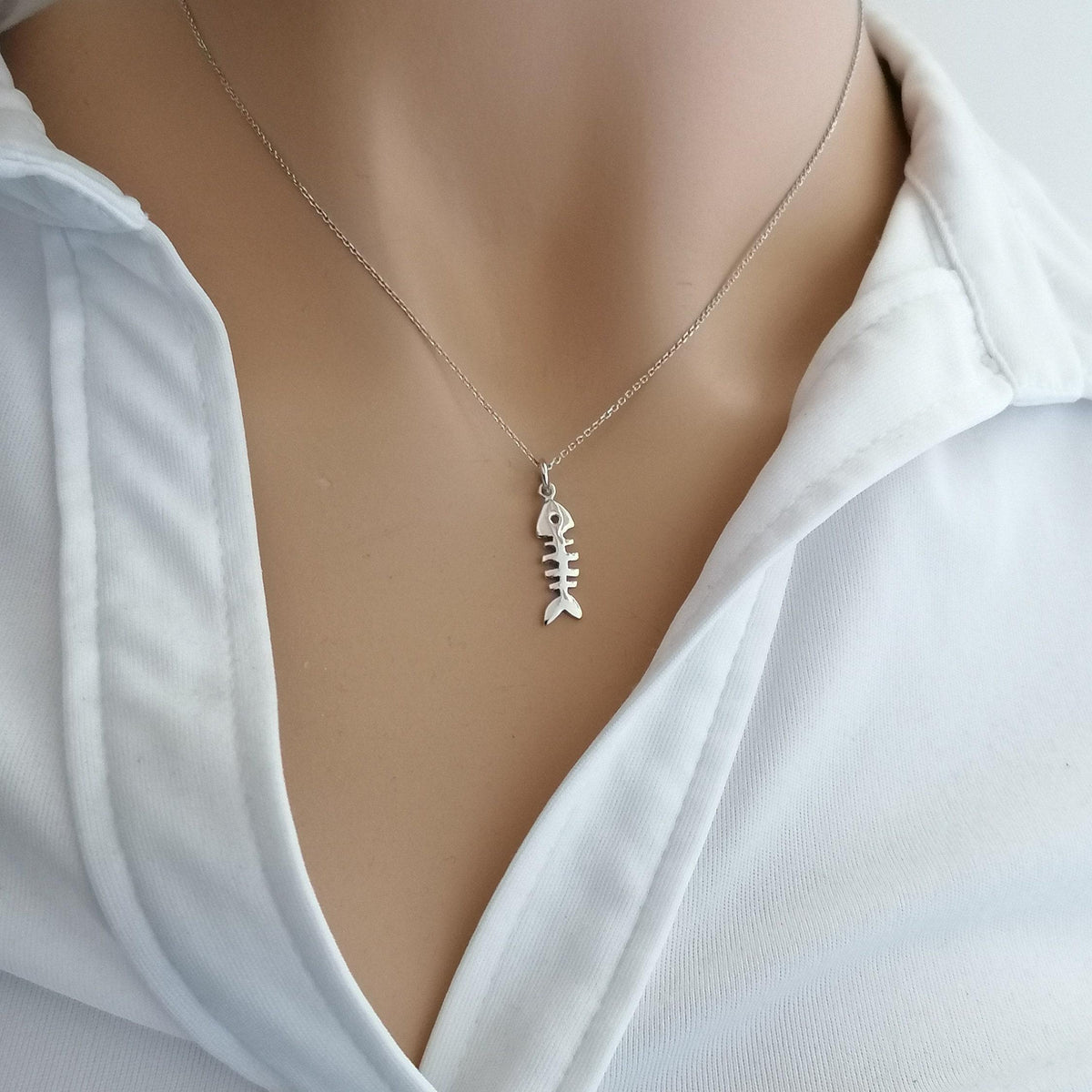 Fishbone Charm Necklace | Playful Nautical Talisman, alternate angle