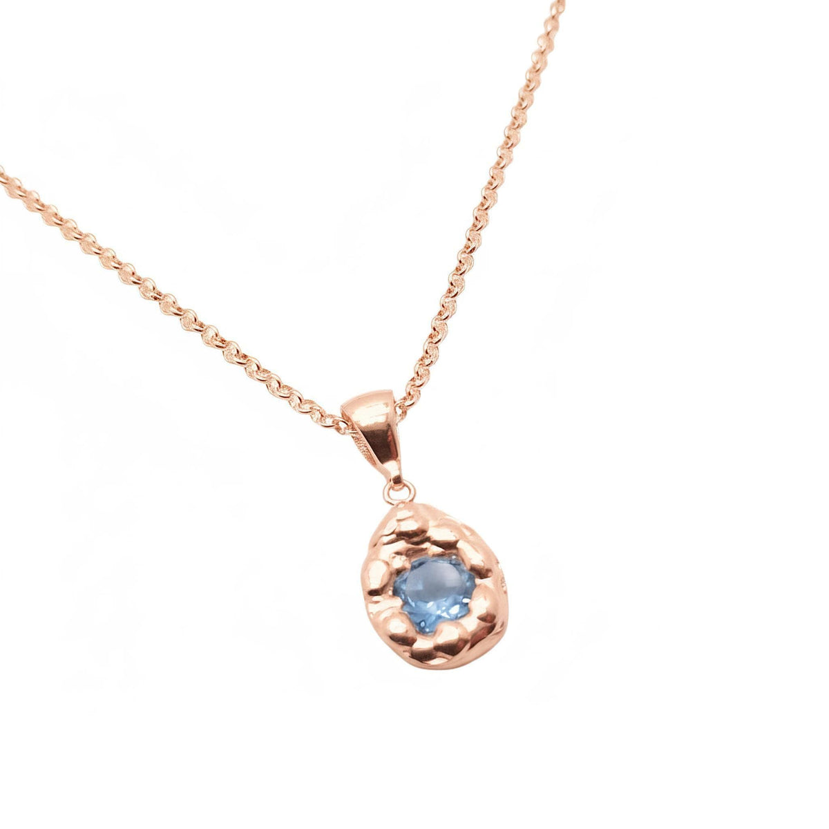 Free-Form Droplet Necklace | Light Blue CZ Talisman, in Rose Gold Plated finish