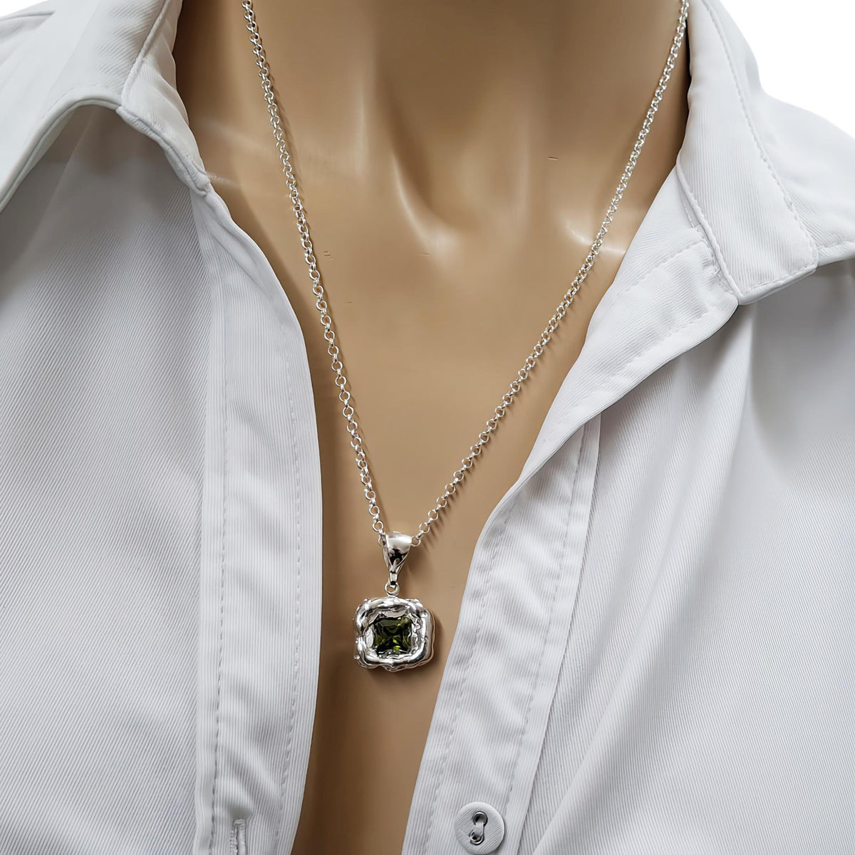Olive Green CZ Pendant | Forest Earth Talisman, close-up detail
