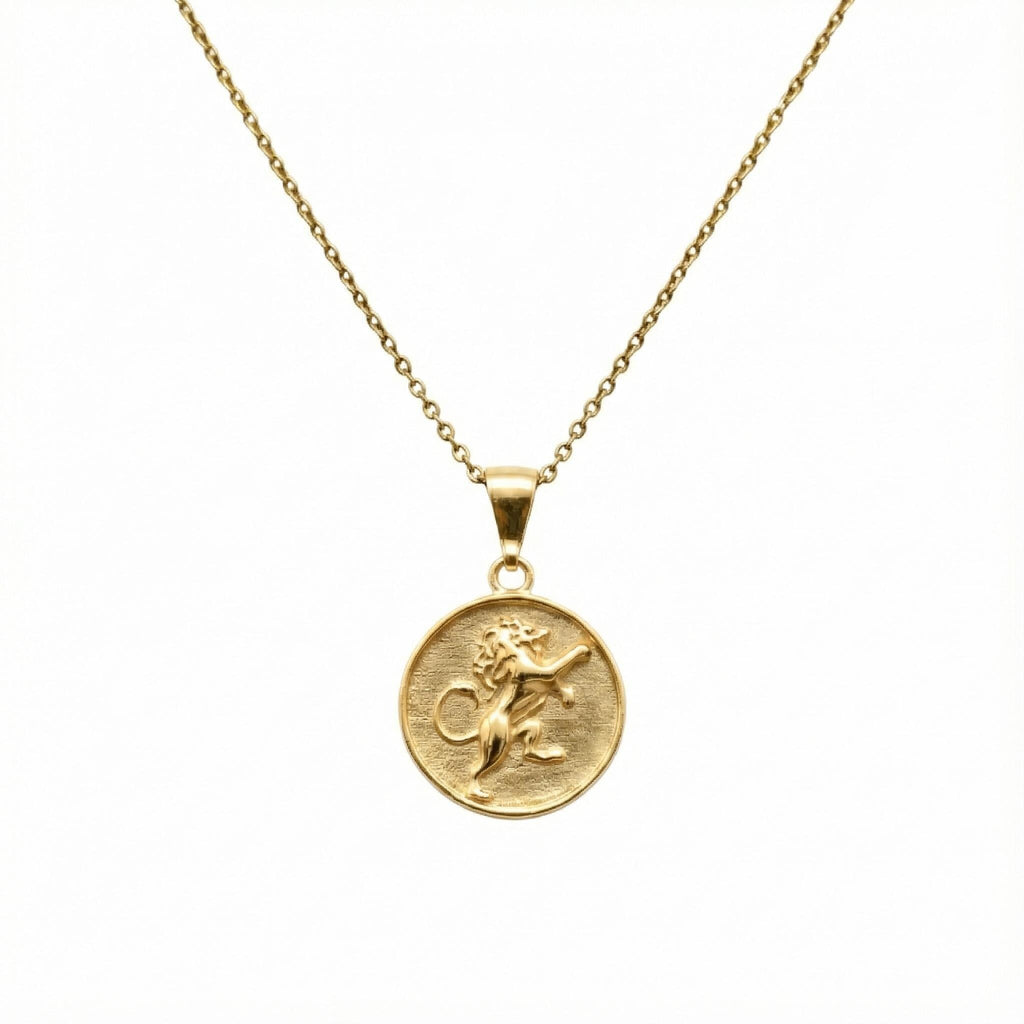 Lion Medallion Necklace | Rampant Emblem Talisman, in Yellow Gold Plated finish