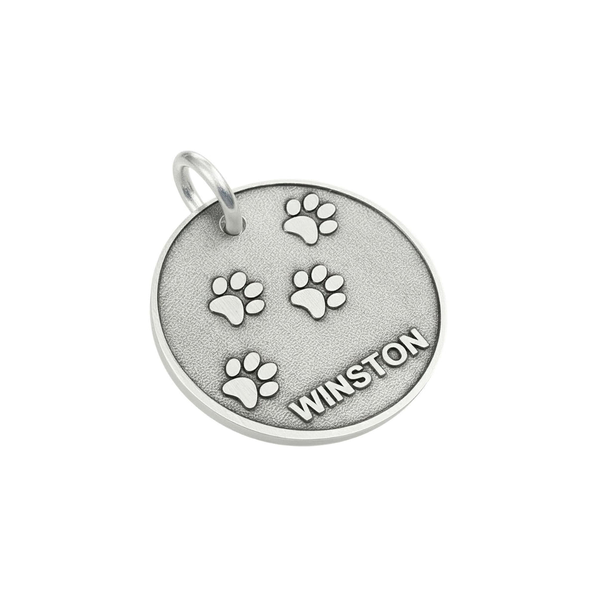 Paw Print Dog Tag | Custom Engraved Sterling Silver Pet ID | Heavy Duty Collar Charm, close-up detail