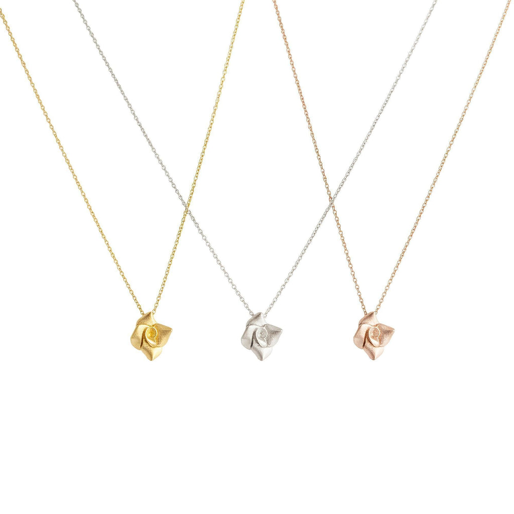 Rose Necklace Pendant | 3D Sculpted Silver Flower | Dainty Botanical Jewelry, styled view