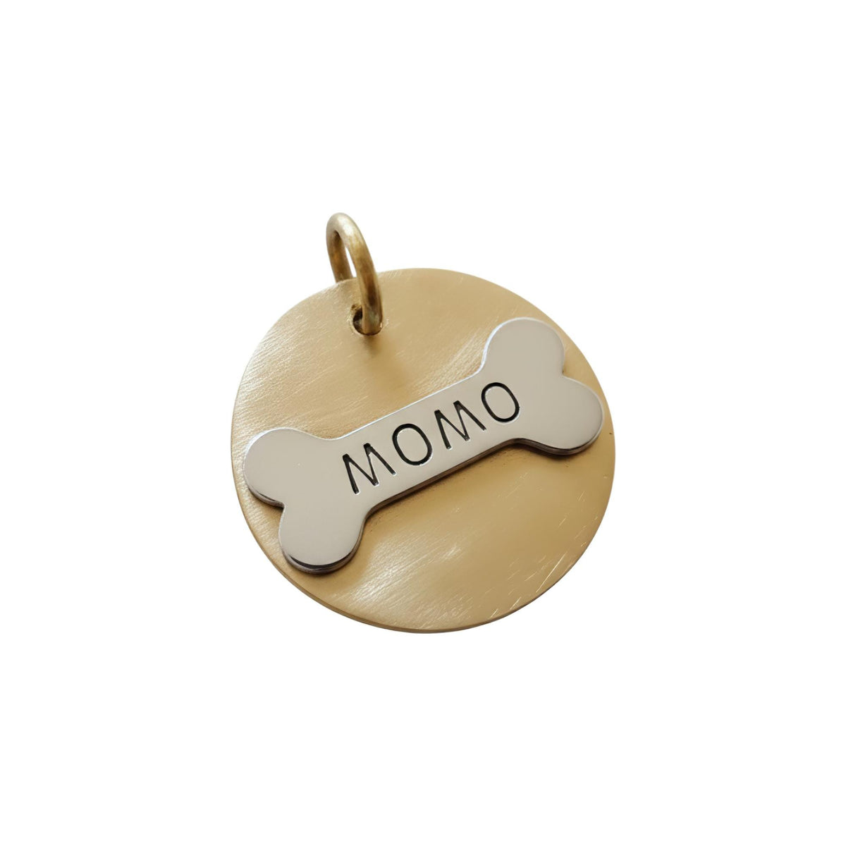 The Devotional Bone Token | Artisan Circular Pet ID & Custom Raised Motif Dog Tag, in Brass with Silver Top finish