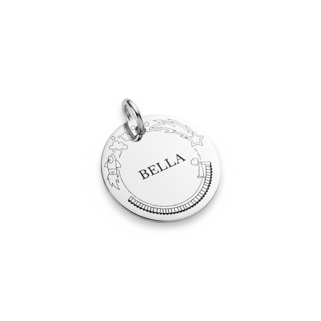 Rocket & Stars Dog Tag | Personalized Sterling Silver Space Pet ID Tag | Engraved Celestial Dog Charm, close-up detail