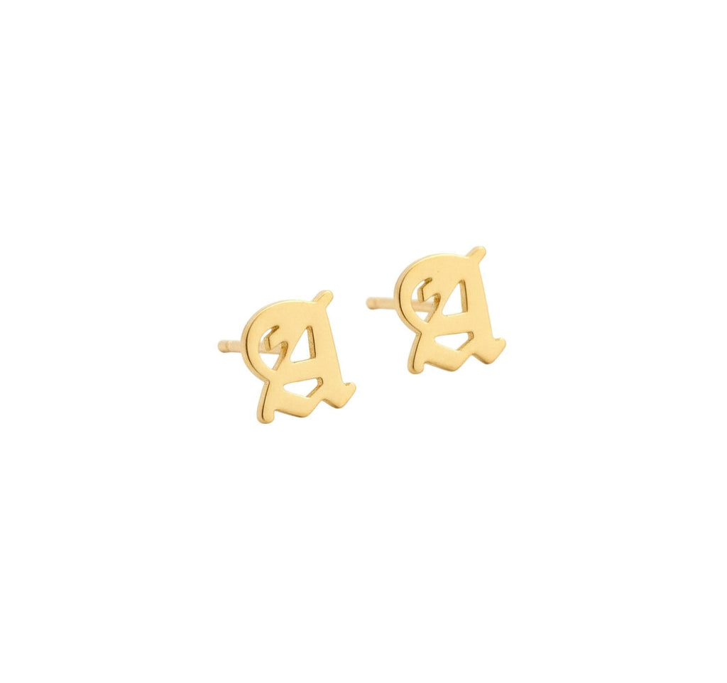 Initial Stud Earrings | Old English Lettering, front view