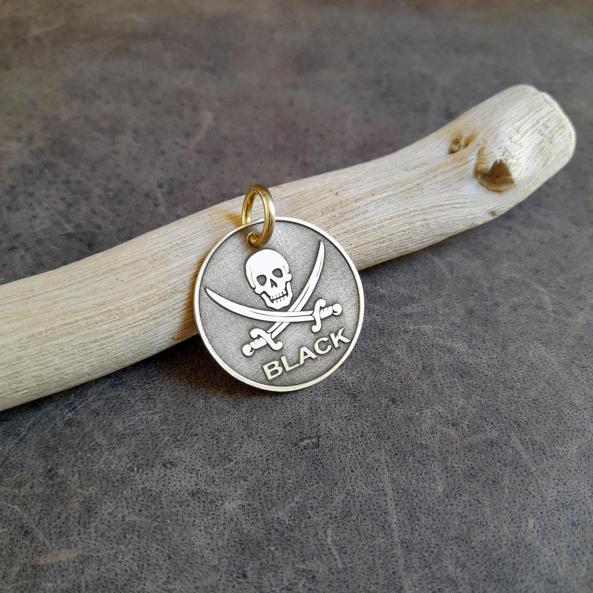 The Inscribed Corsair Token | Artisan Pirate Pet ID & Custom Engraved Skull Dog Tag, close-up detail