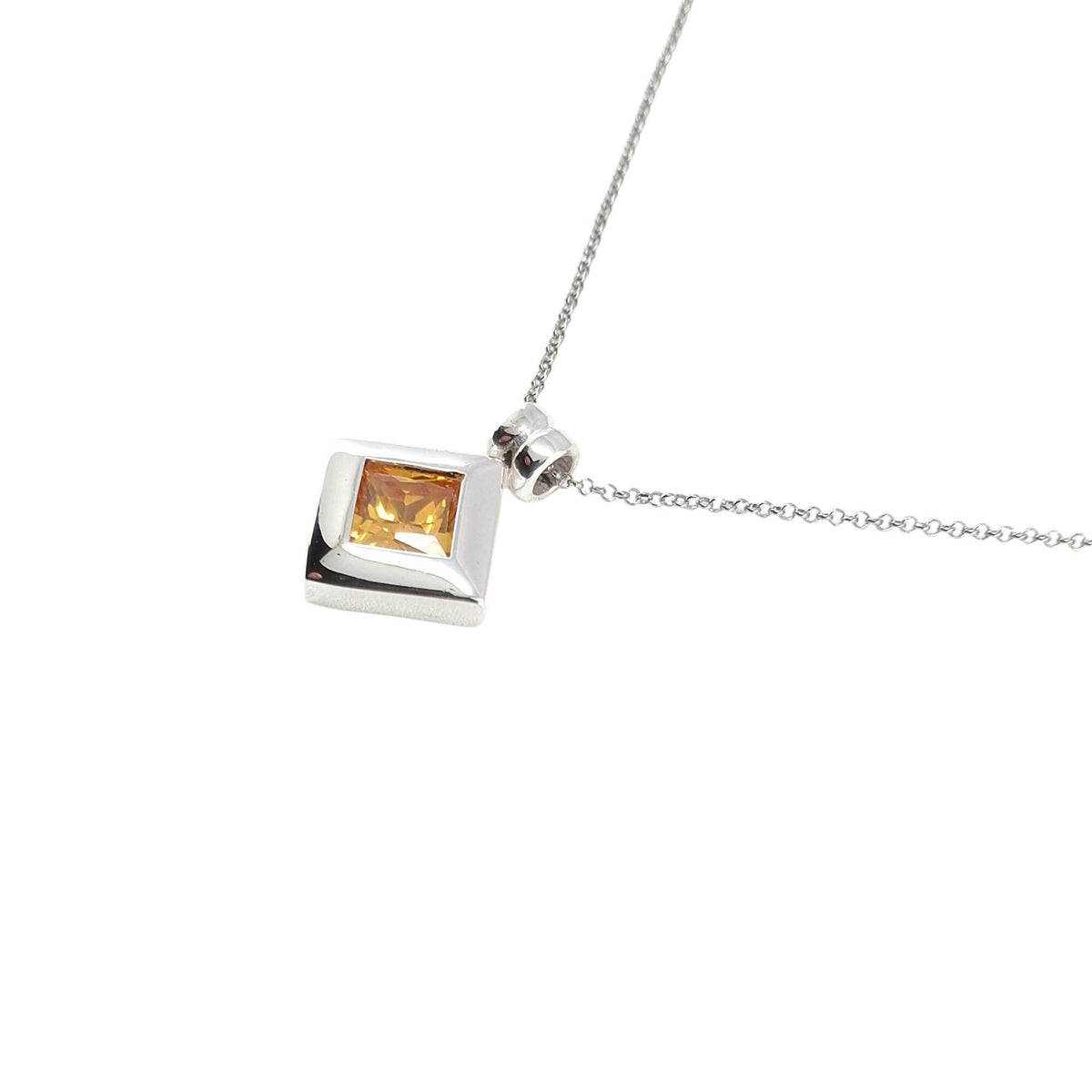 Rhombus Pendant Necklace | Yellow CZ Geometric Talisman, in White Gold Plated finish