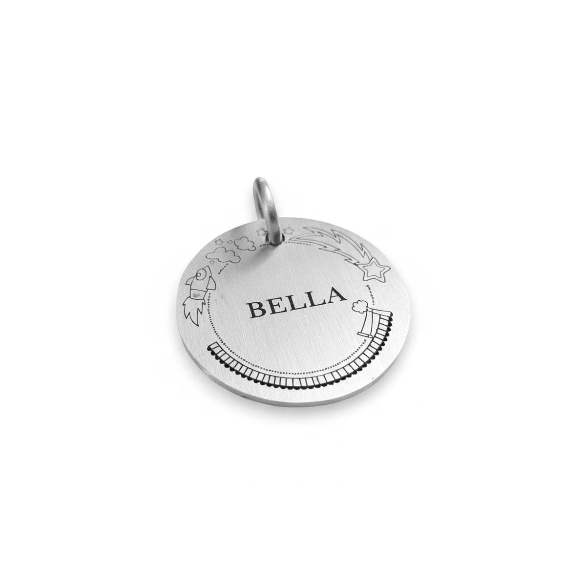 Rocket & Stars Dog Tag | Personalized Sterling Silver Space Pet ID Tag | Engraved Celestial Dog Charm, alternate angle