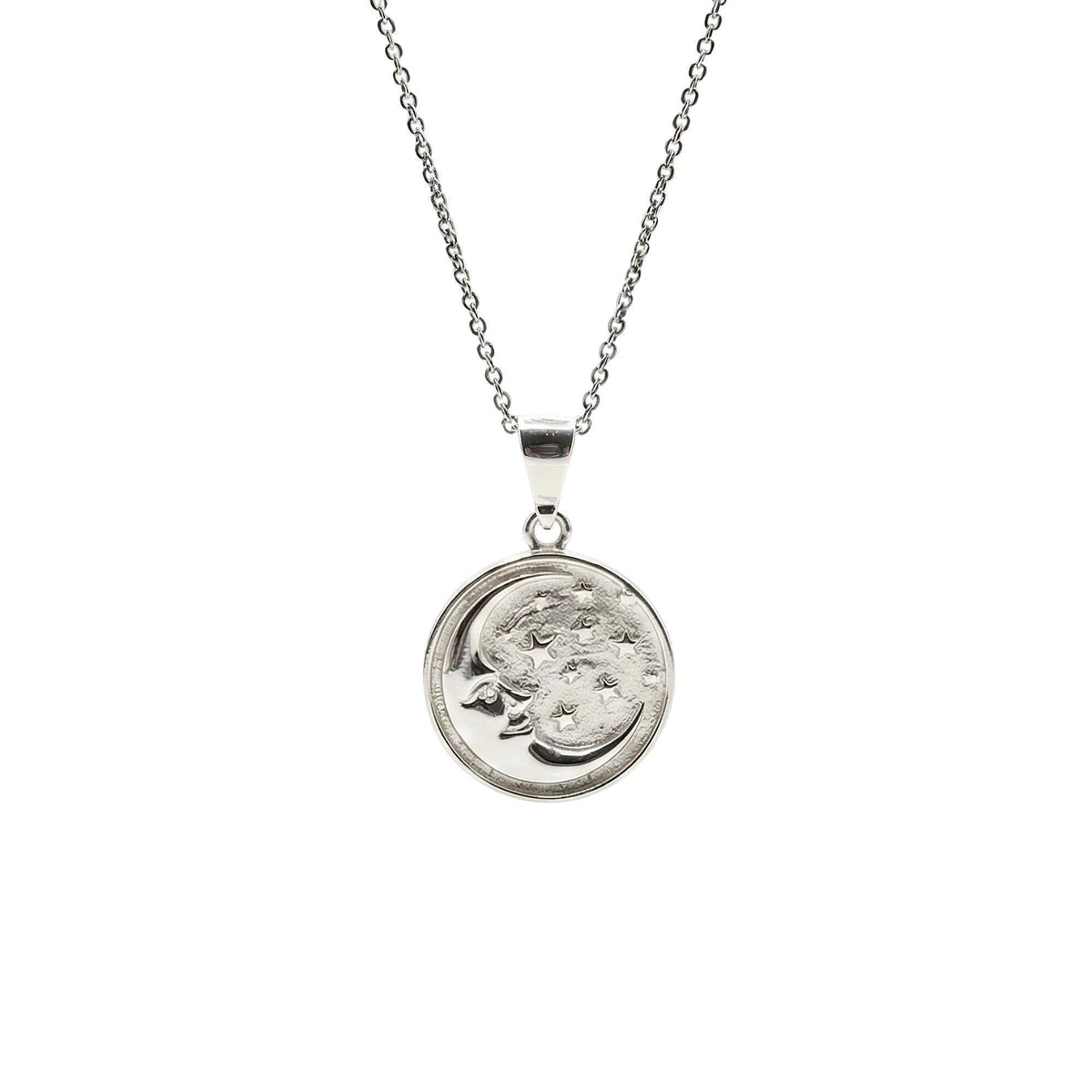 Celestial Medallion Necklace | Moon & Stars Talisman, in White Gold Plated finish