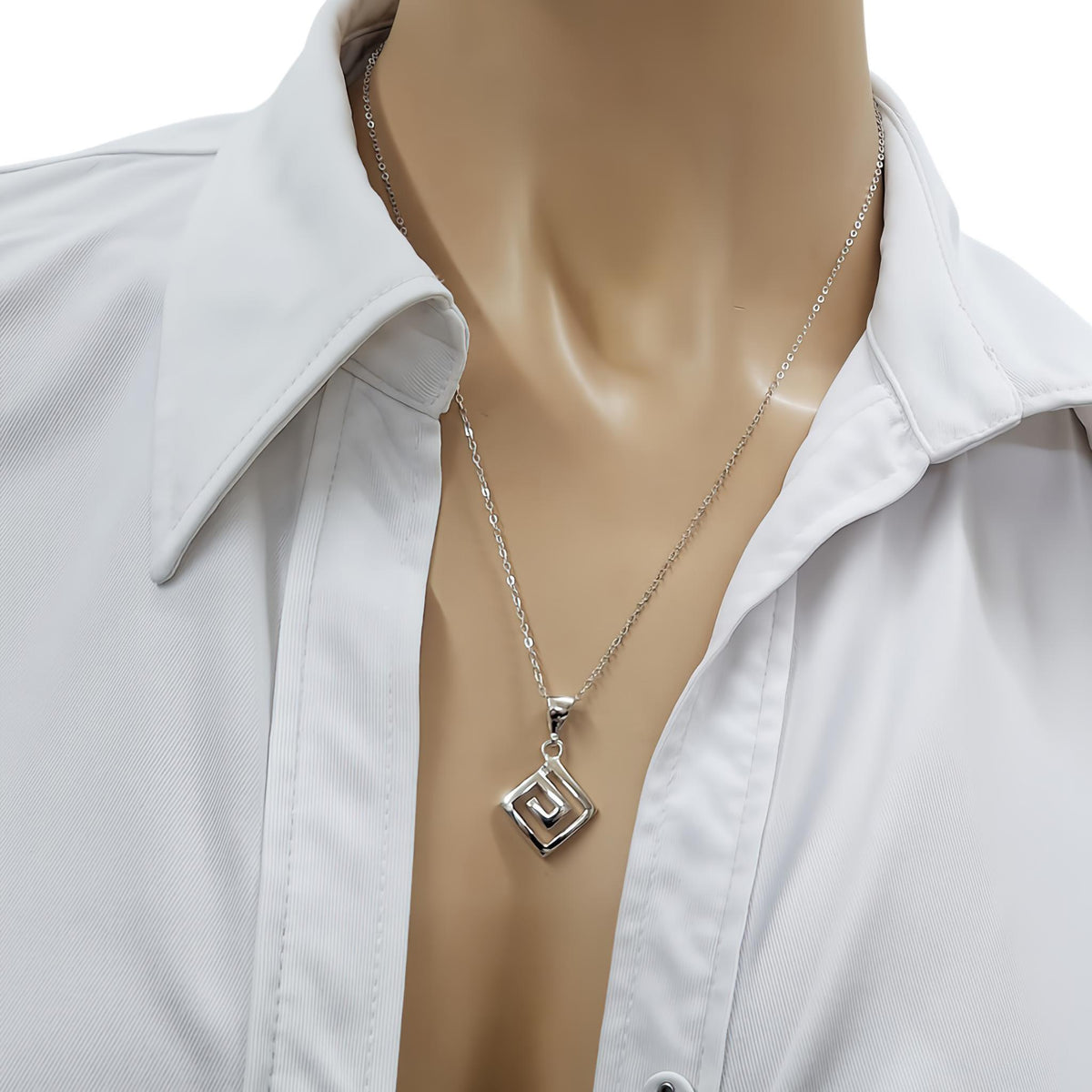 Greek Spiral Pendant | Sterling Silver Rhombus Necklace | Ancient Hellenic Growth Talisman, close-up detail