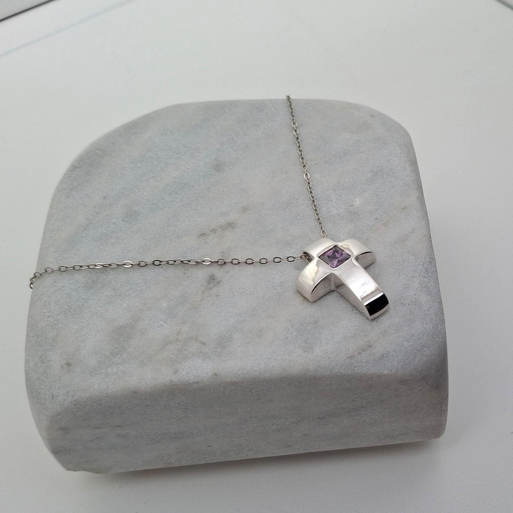Amethyst Cross Necklace | Sterling Silver Modern Cross Pendant | February Birthstone Talisman, styled view