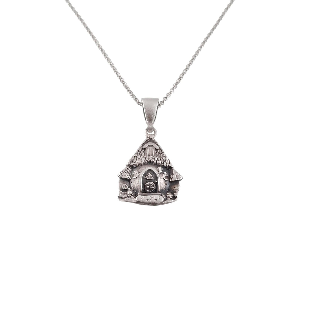 Mushroom House Necklace | Whimsical Forest Talisman, in Oxidized Silver finish