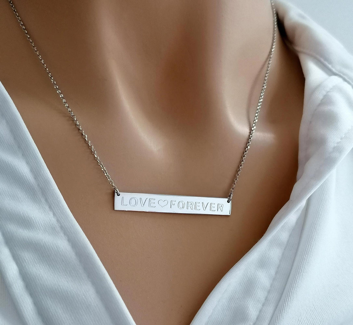 Custom Nameplate Necklace | Engraved Minimalist Bar Talisman, close-up detail