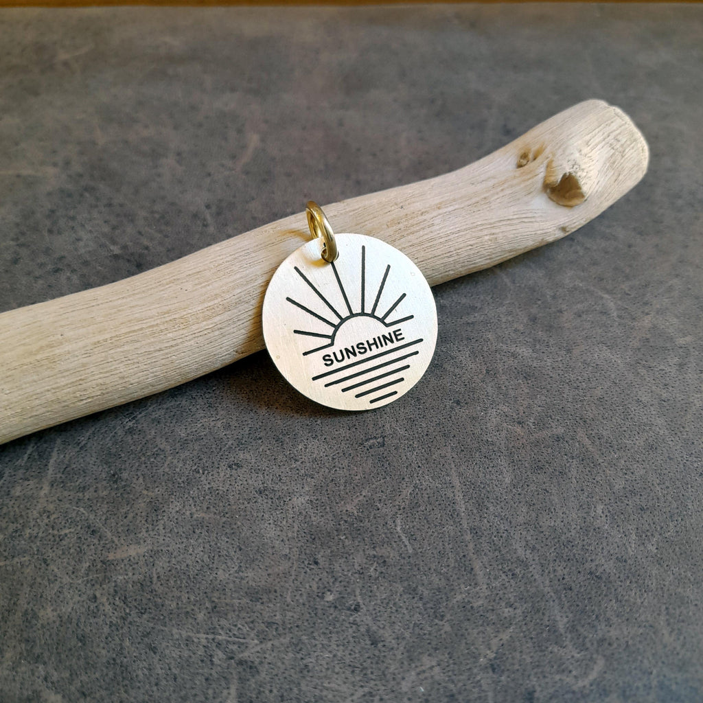 The Golden Hour Token | Artisan Sun Setting Pet ID & Custom Engraved Dog Tag, close-up detail