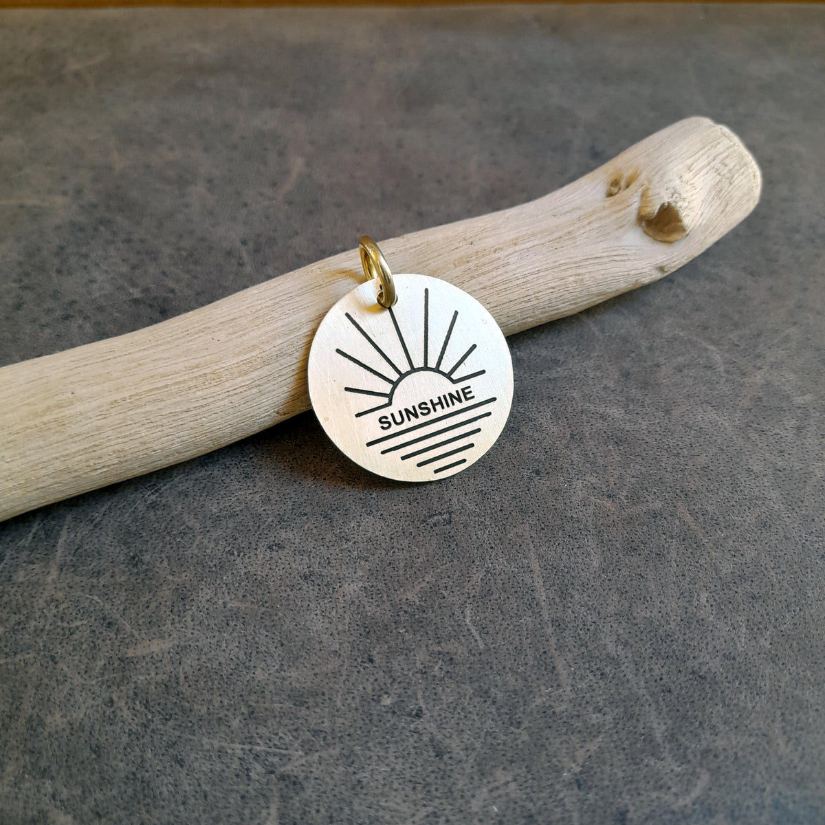 The Golden Hour Token | Artisan Sun Setting Pet ID & Custom Engraved Dog Tag, close-up detail
