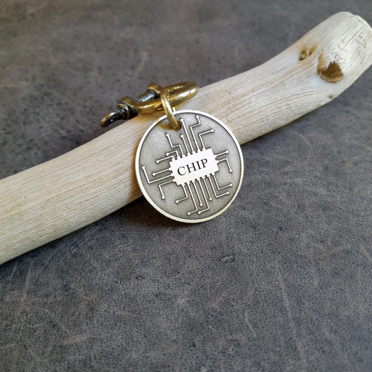 The Circuit Token | Artisan Microchip Pet ID & Custom Engraved Dog Tag, close-up detail