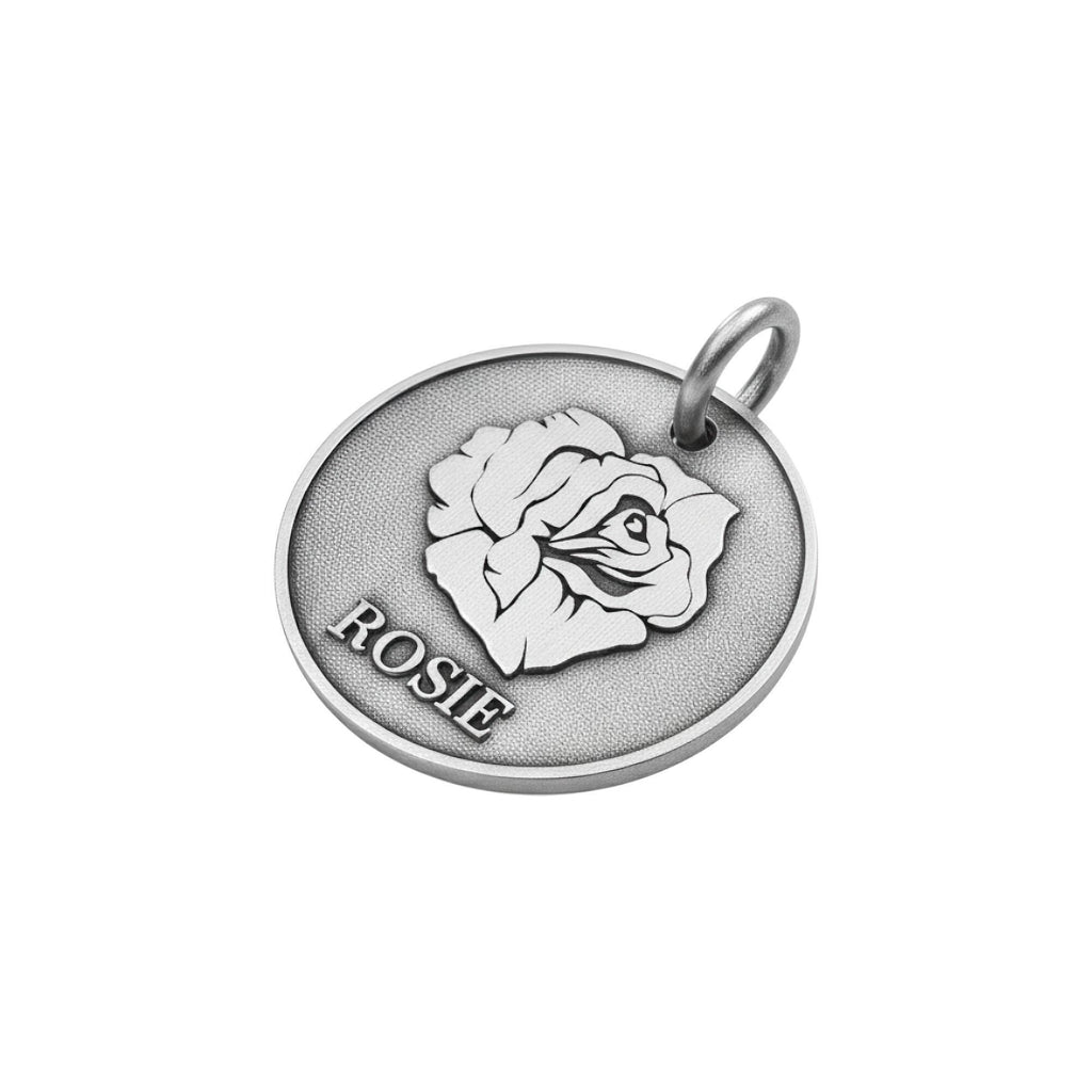 Rose Dog Tag | Personalized Sterling Silver Floral Pet ID Tag | Engraved Flower Dog Charm, close-up detail