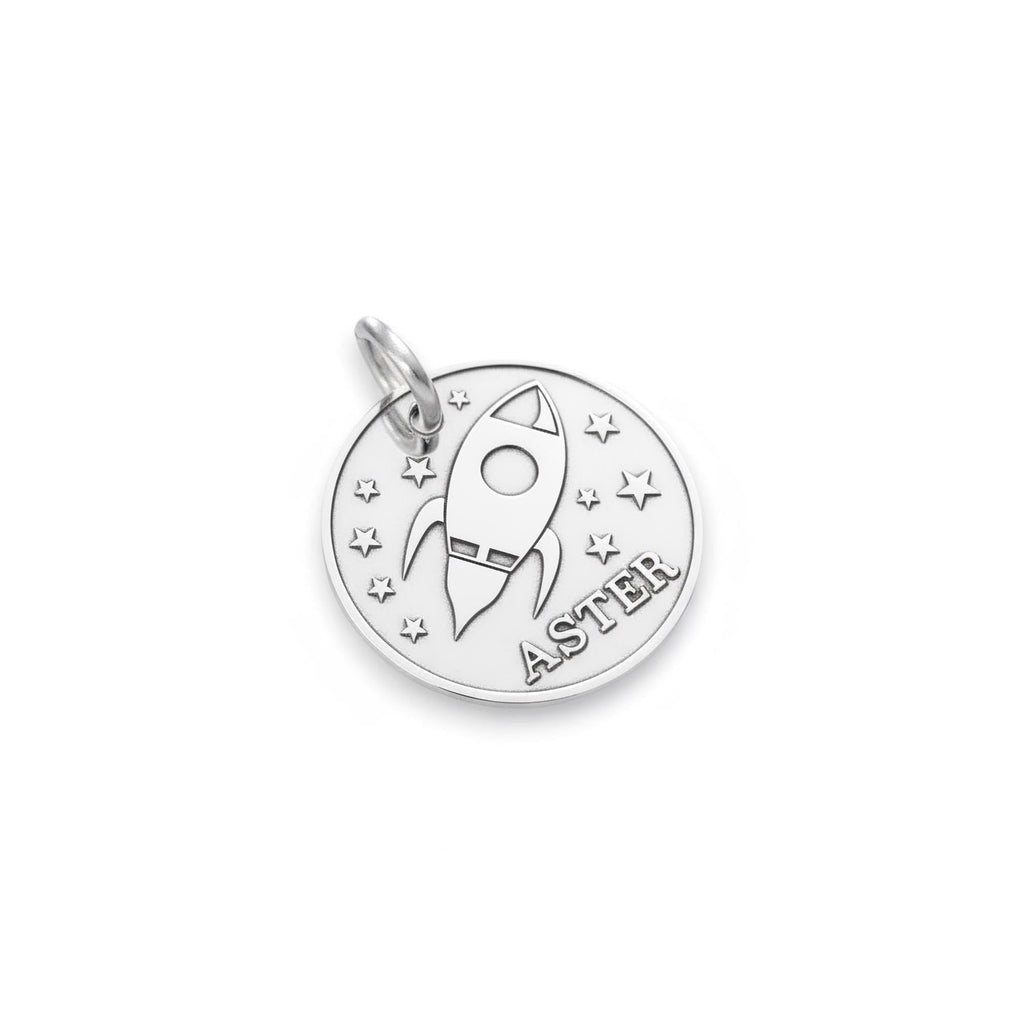 Rocket Dog Tag | Sterling Silver Custom Space Spaceship Pet ID Tag | Engraved Dog Tag, close-up detail