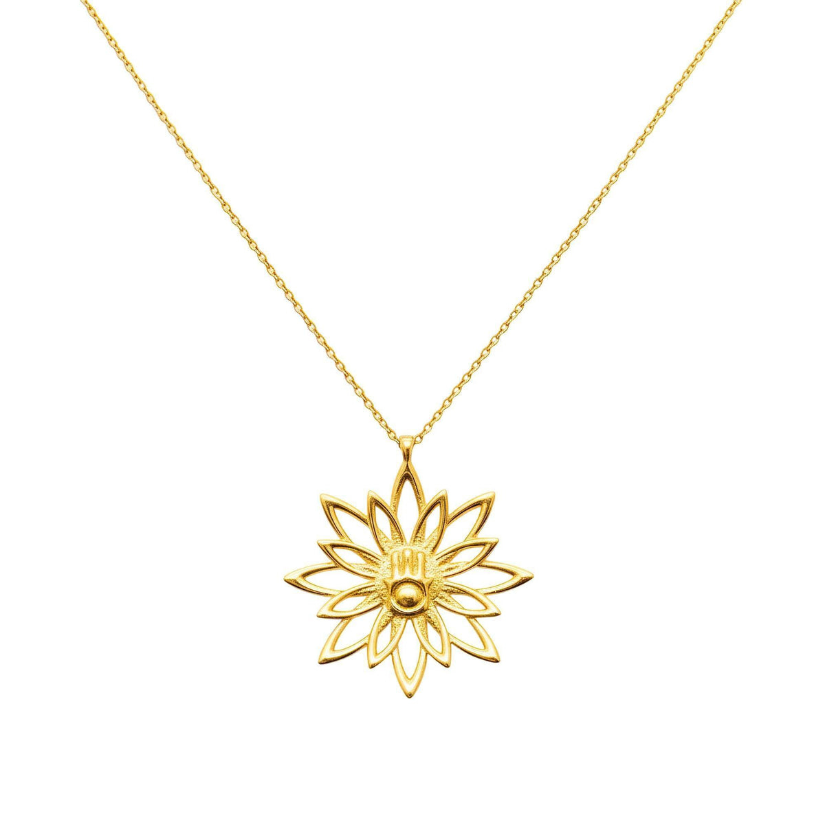 Blooming Hamsa Hand Necklace | Sterling Silver Lotus Protection Charm | Hand of Miriam Talisman, close-up detail