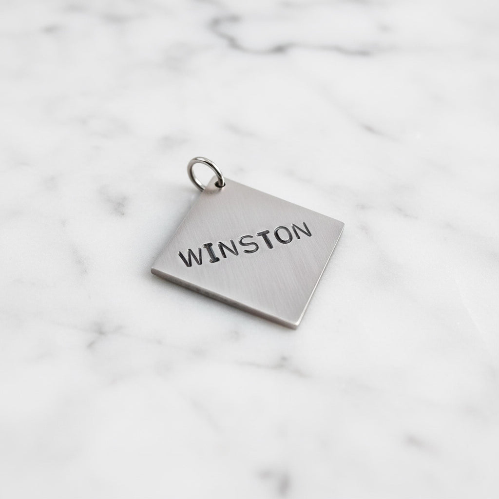 The Striking Rhombus Token | Artisan Geometric Pet ID & Custom Dog Tag, close-up detail
