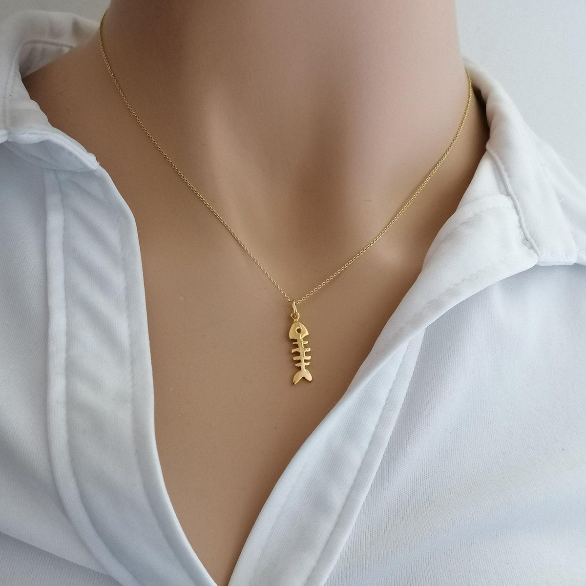 Fishbone Charm Necklace | Solid 14K Gold Nautical Talisman, styled view