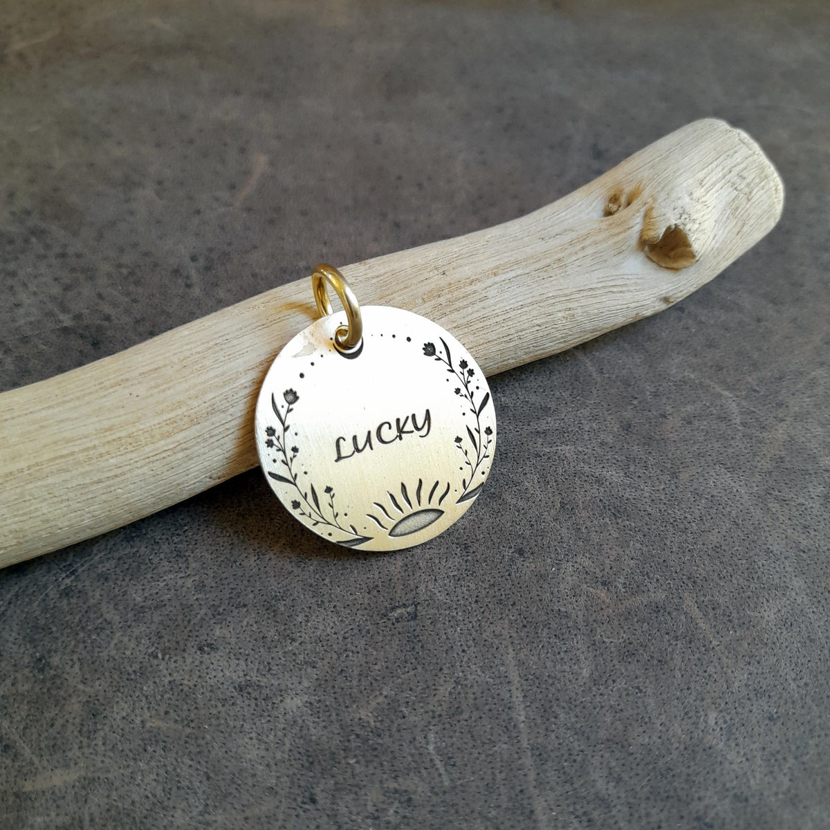 The Boho Bloom Token | Artisan Floral Pet ID & Custom Engraved Dog Tag, close-up detail