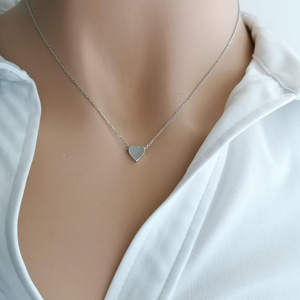 Silver Heart Necklace, Dainty Love Charm, Minimalist Pendant (925 Sterling), styled view