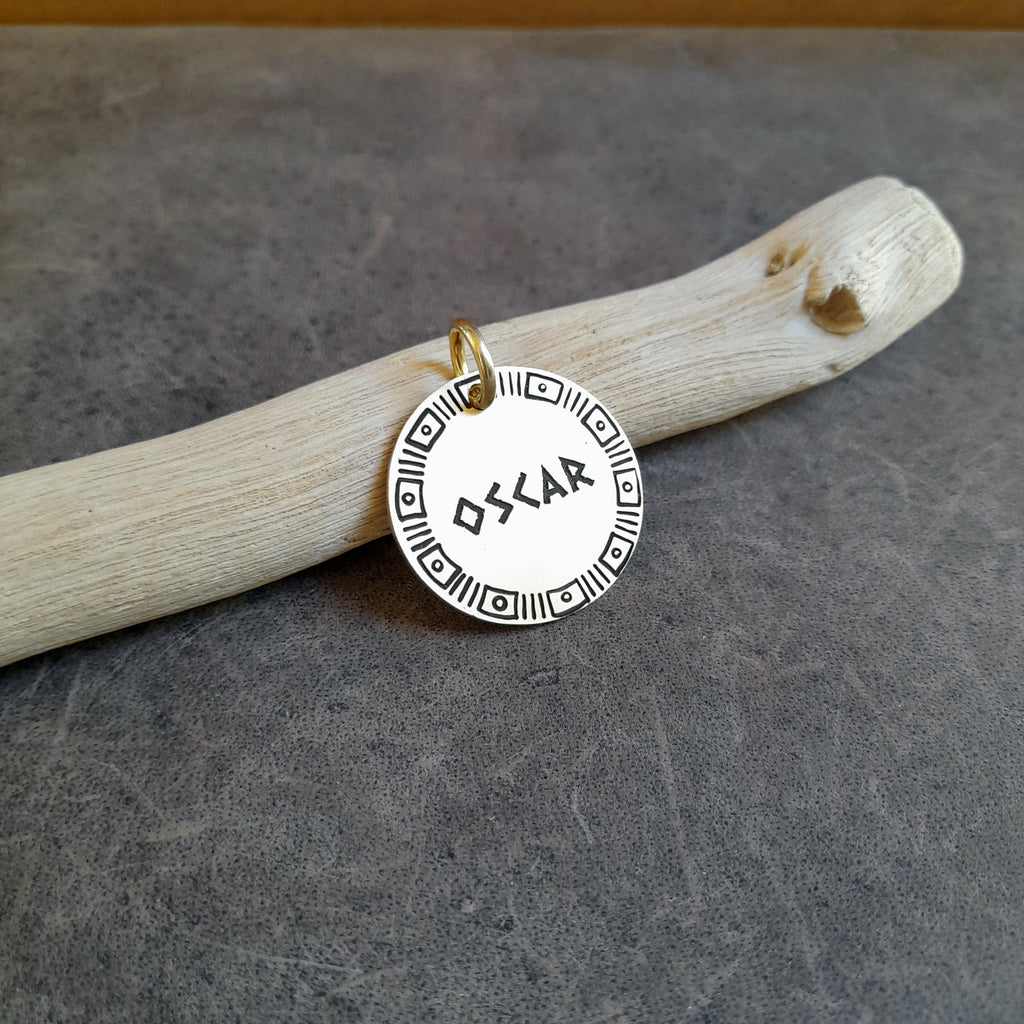 The Ancestral Token | Artisan Archaic Lines Pet ID & Custom Engraved Dog Tag, close-up detail