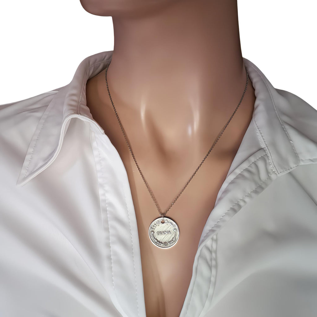 Vintage Style Name Necklace | Floral Crest Medallion, alternate angle