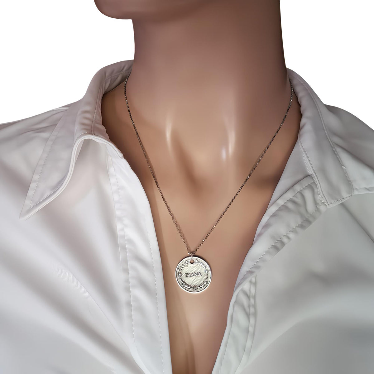Vintage Style Name Necklace | Floral Crest Medallion, alternate angle