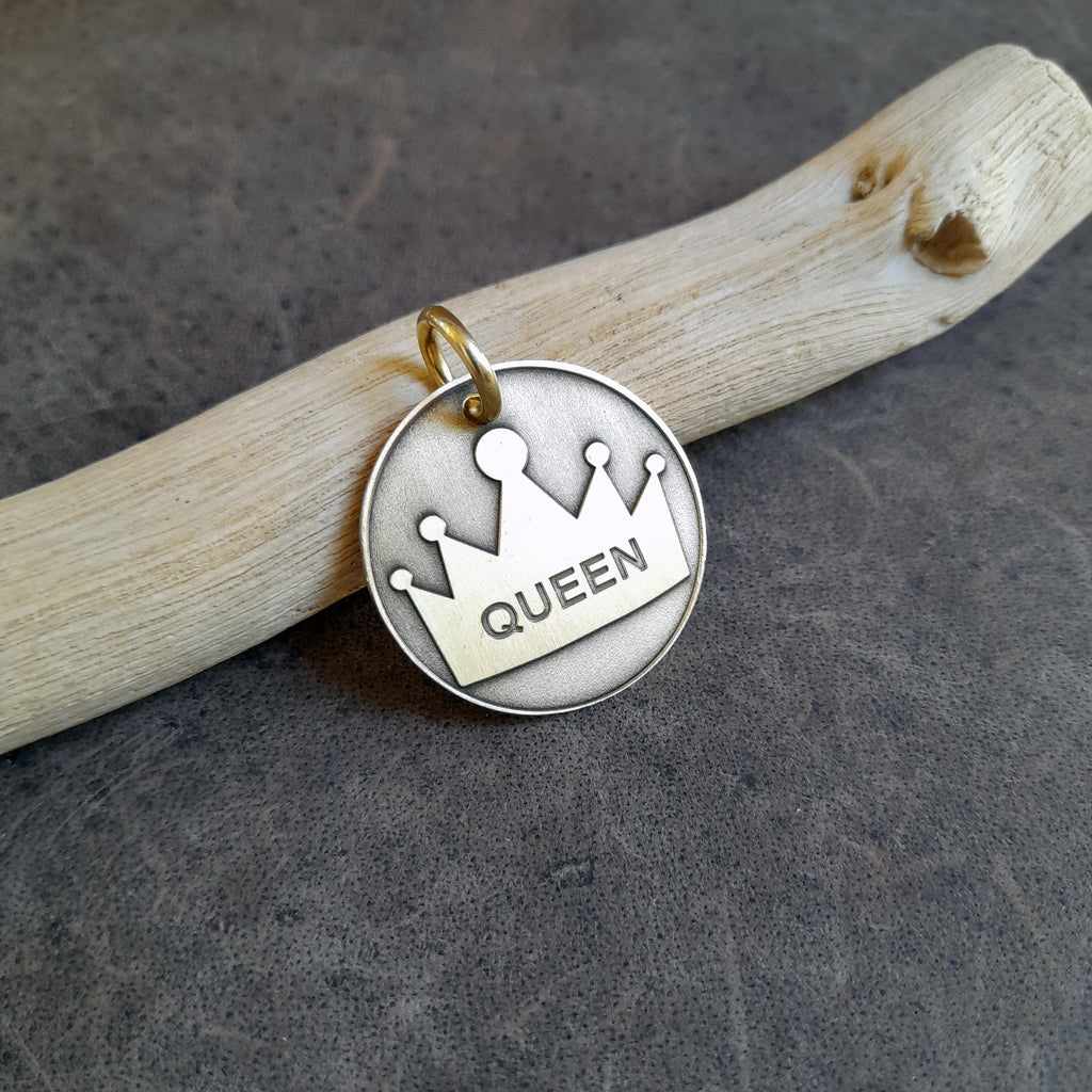 The Sovereign Token | Artisan Queen Pet ID & Custom Engraved Dog Tag, close-up detail