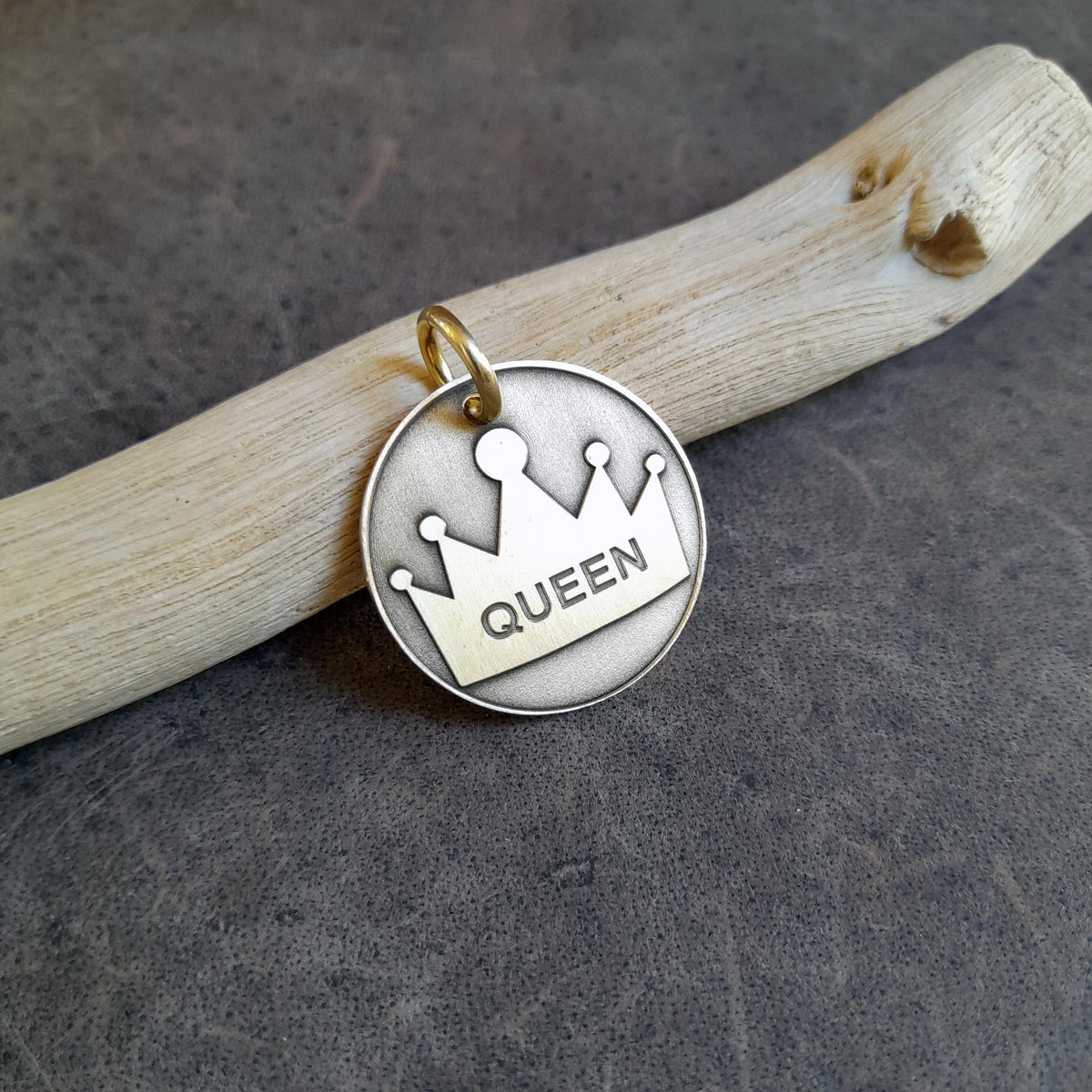 The Sovereign Token | Artisan Queen Pet ID & Custom Engraved Dog Tag, close-up detail