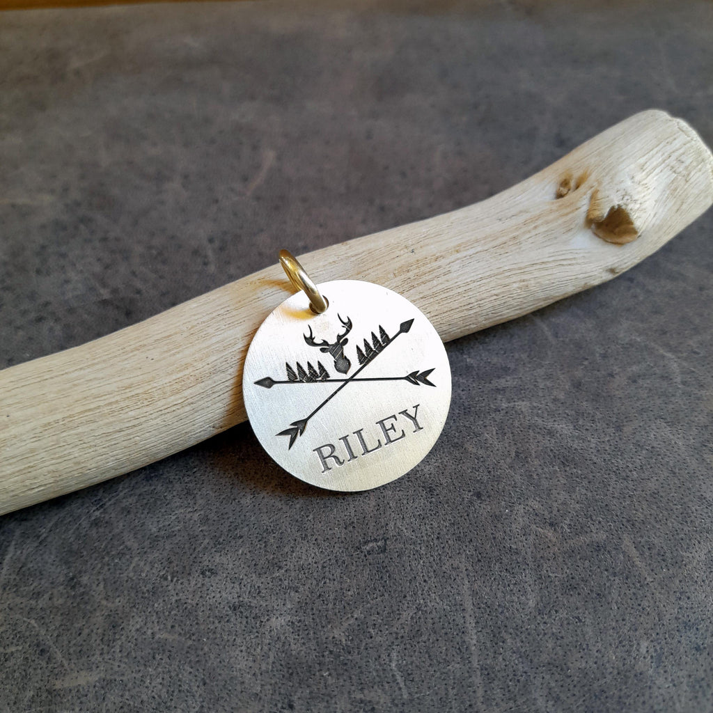 The Inscribed Stag Token | Artisan Deer Pet ID & Custom Engraved Woodland Dog Tag, close-up detail