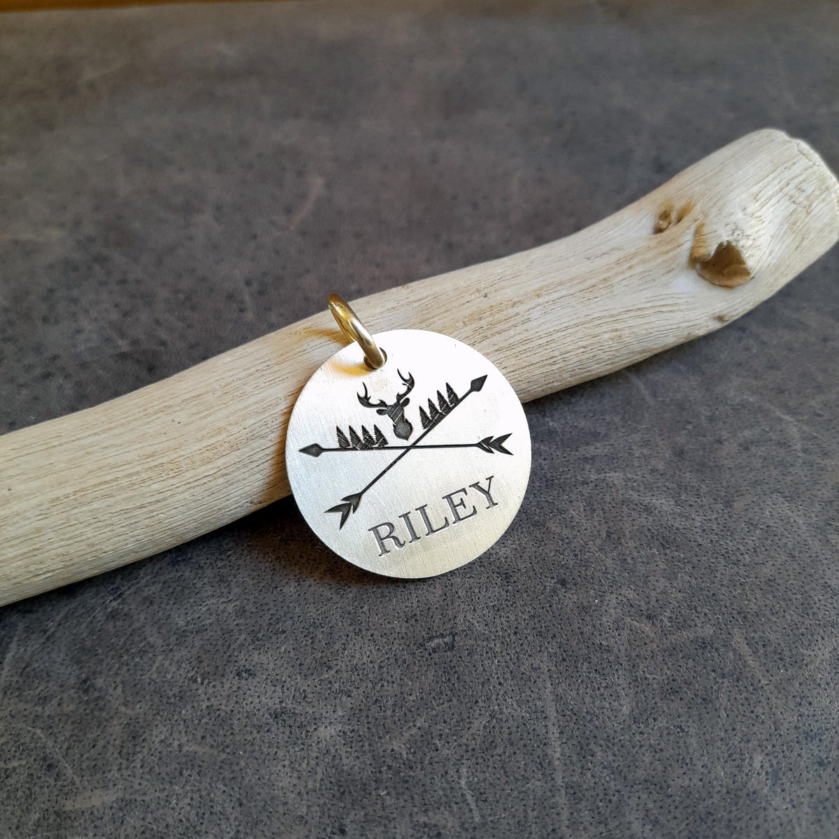 The Inscribed Stag Token | Artisan Deer Pet ID & Custom Engraved Woodland Dog Tag, close-up detail
