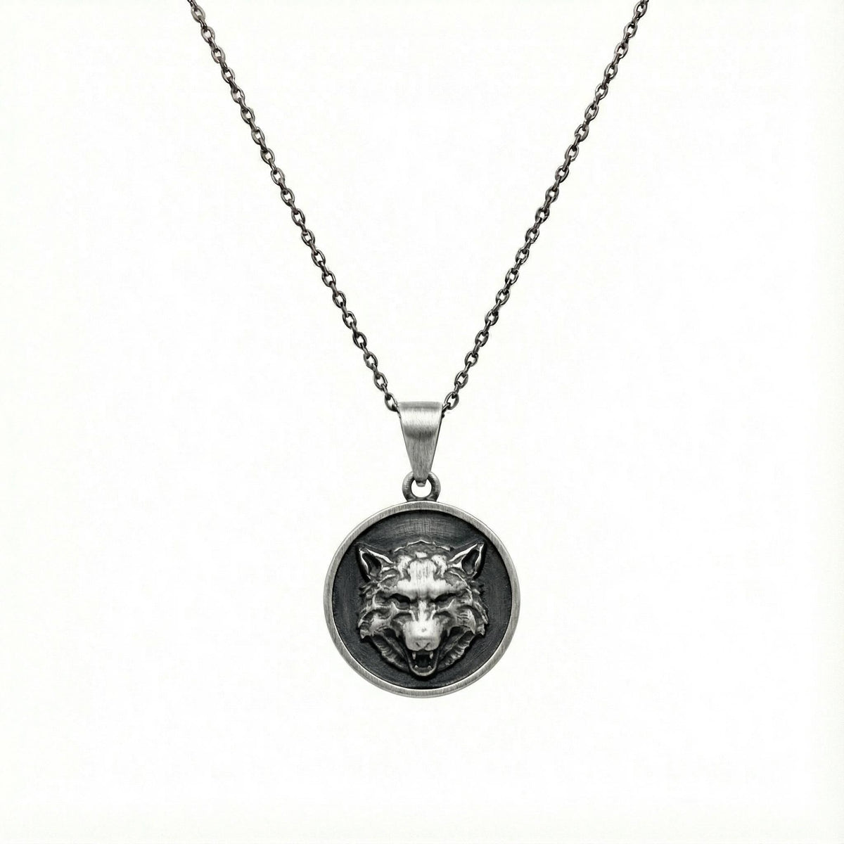 Howling Wolf Necklace - Sterling Silver Wild Spirit Medallion, in Oxidized Silver 925 finish