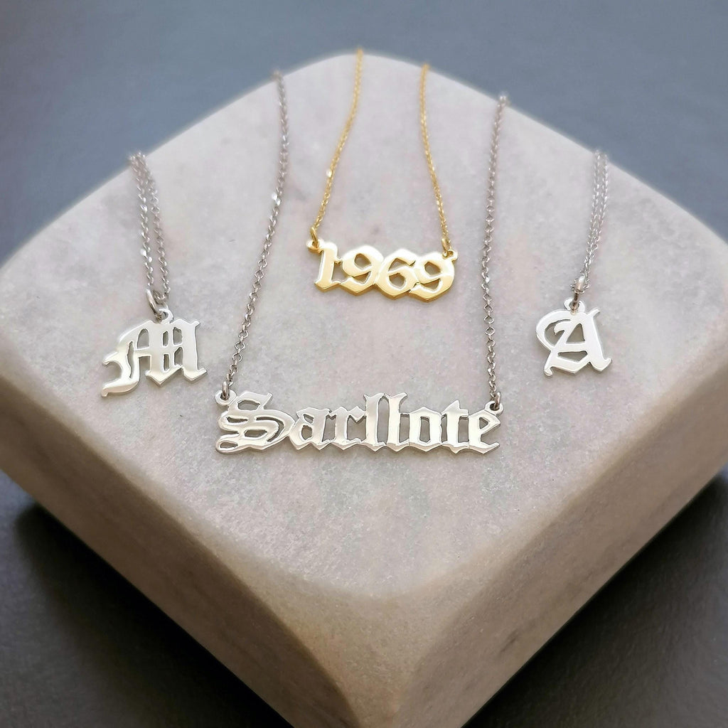 Old English Initial Necklace | Custom Gothic Letter Talisman, close-up detail