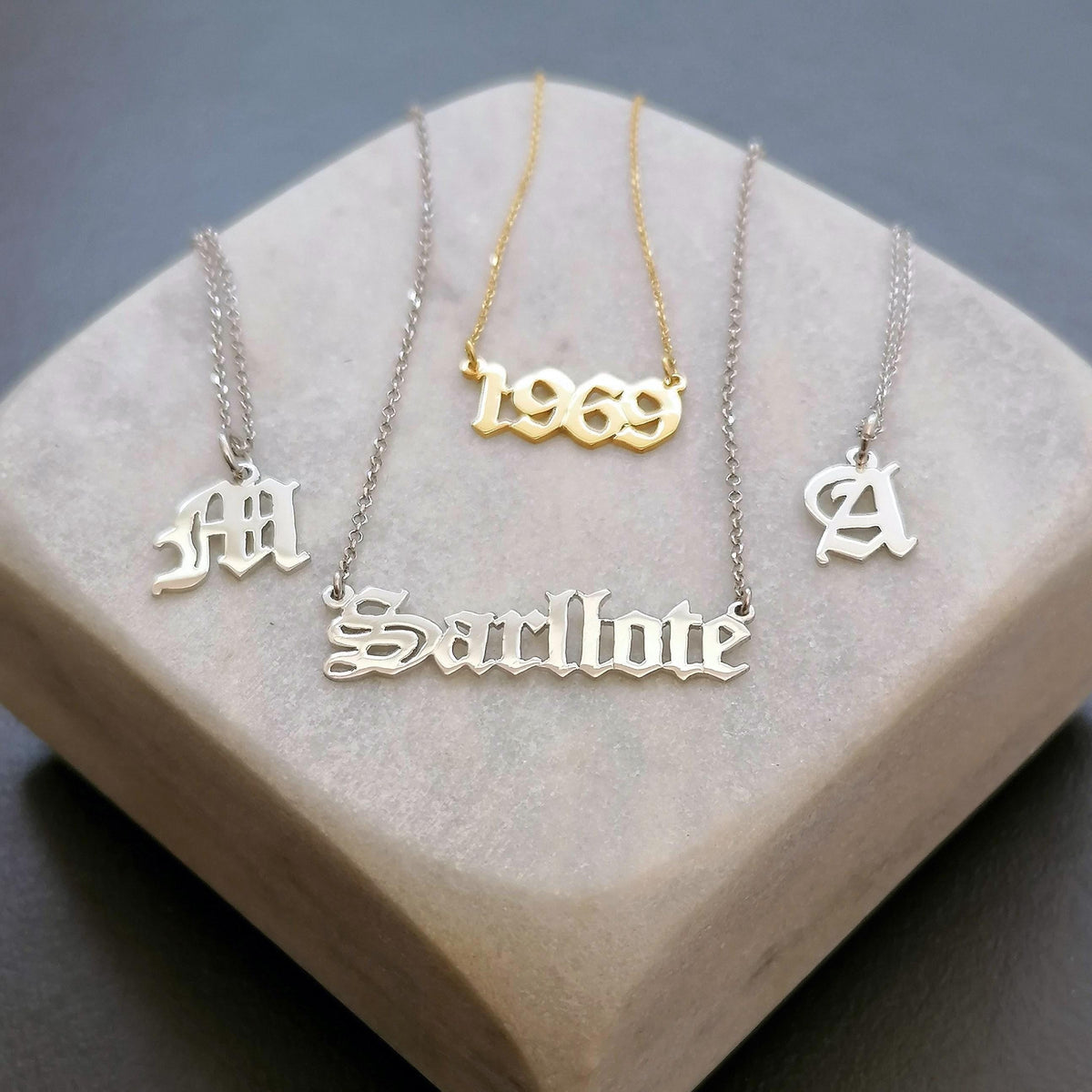 Old English Initial Necklace | Custom Gothic Letter Talisman, close-up detail