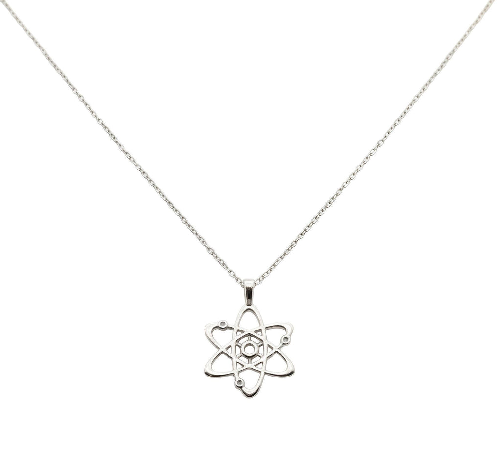 Atom Necklace | Sterling Silver Bohr Model Pendant | Science & Molecular Talisman, front view
