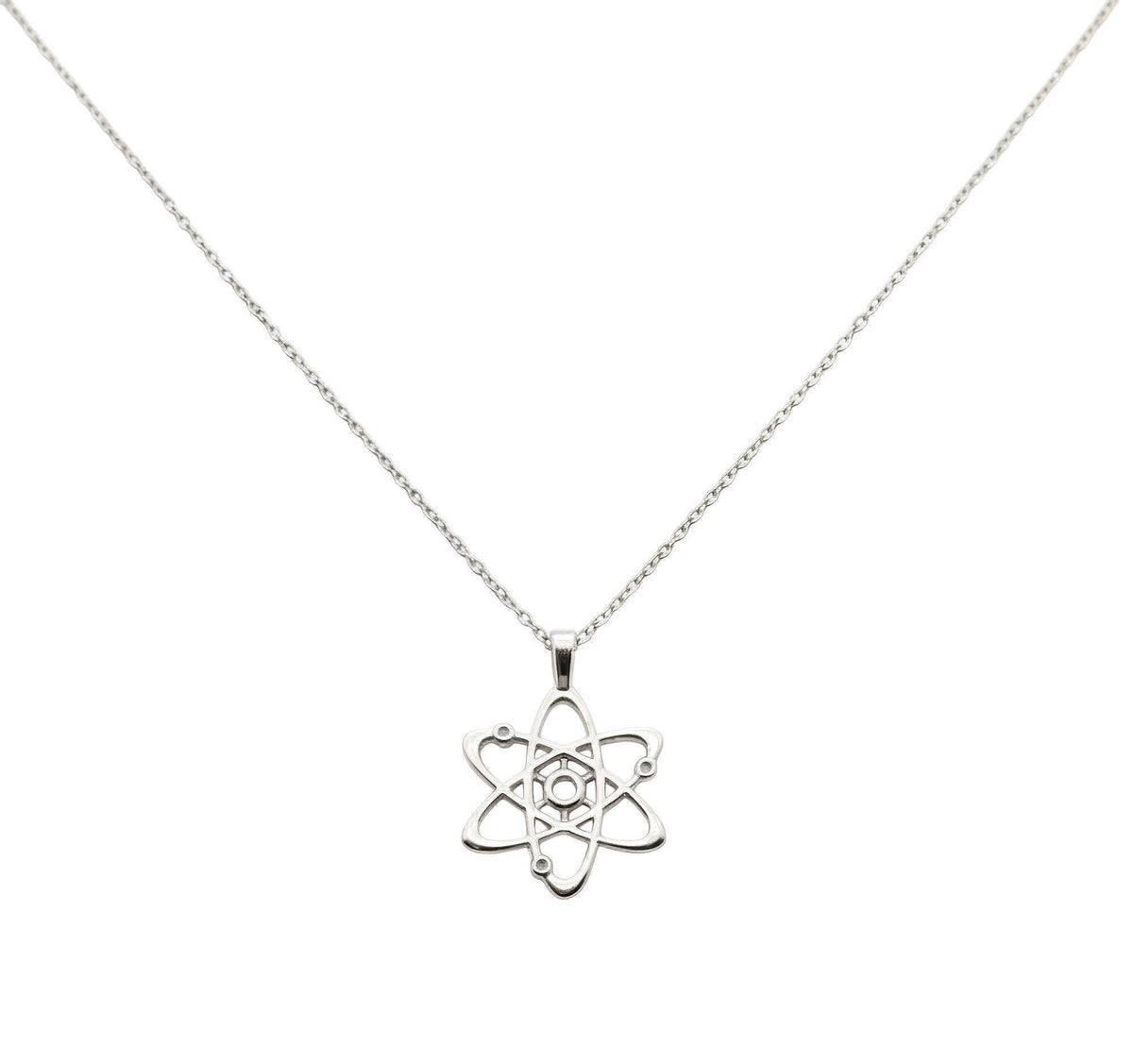 Atom Necklace | Sterling Silver Bohr Model Pendant | Science & Molecular Talisman, front view