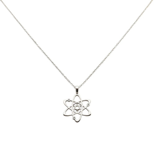 Atom Necklace | Sterling Silver Bohr Model Pendant | Science & Molecular Talisman, front view