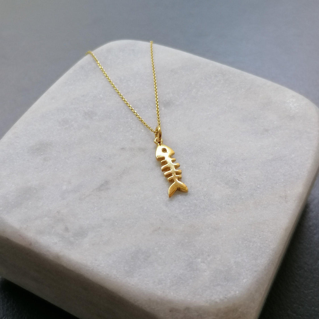 Fishbone Charm Necklace | Solid 14K Gold Nautical Talisman, alternate angle
