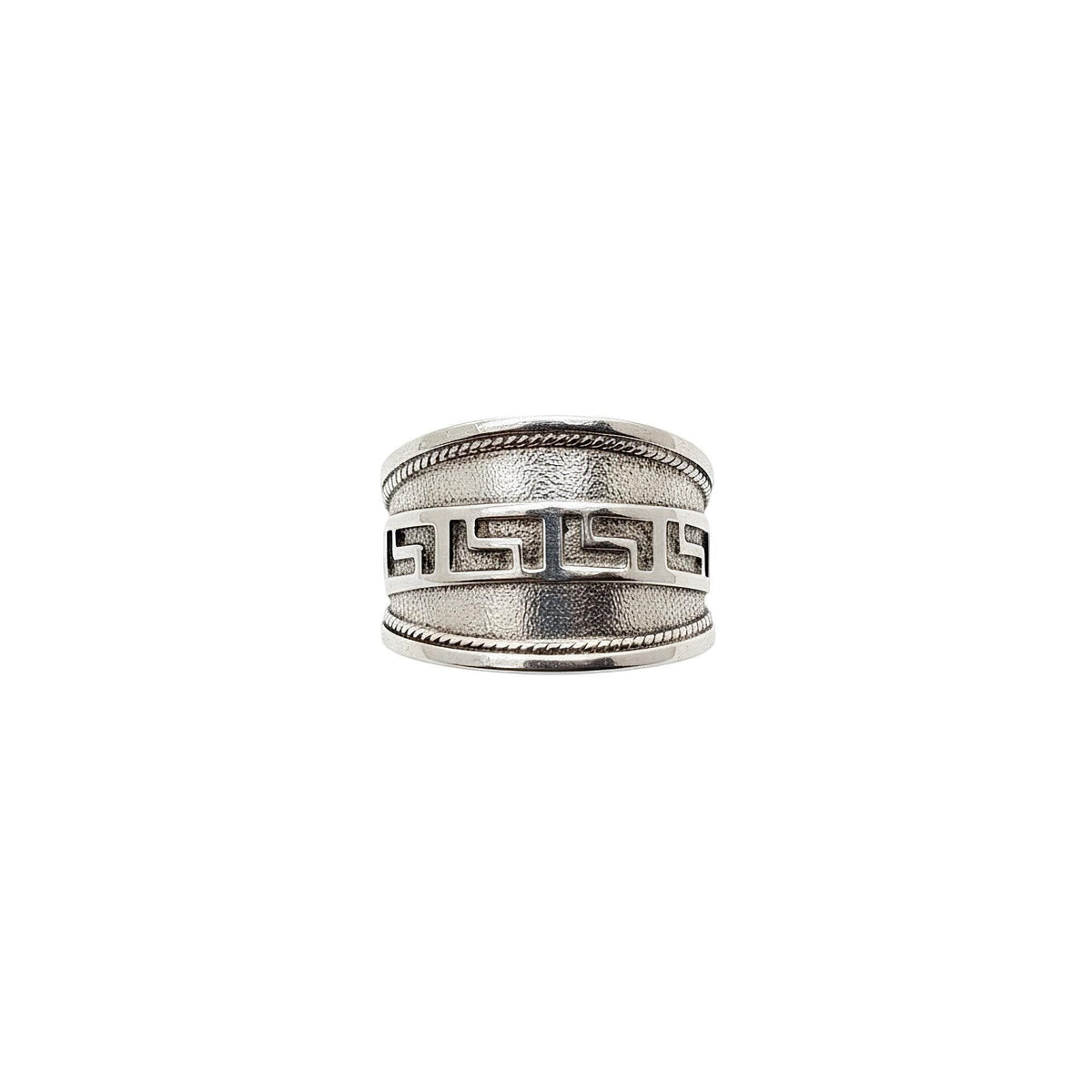 Greek Key Ring | Bold Wide Sterling Silver Greca Band | Unisex Meander Talisman, front view