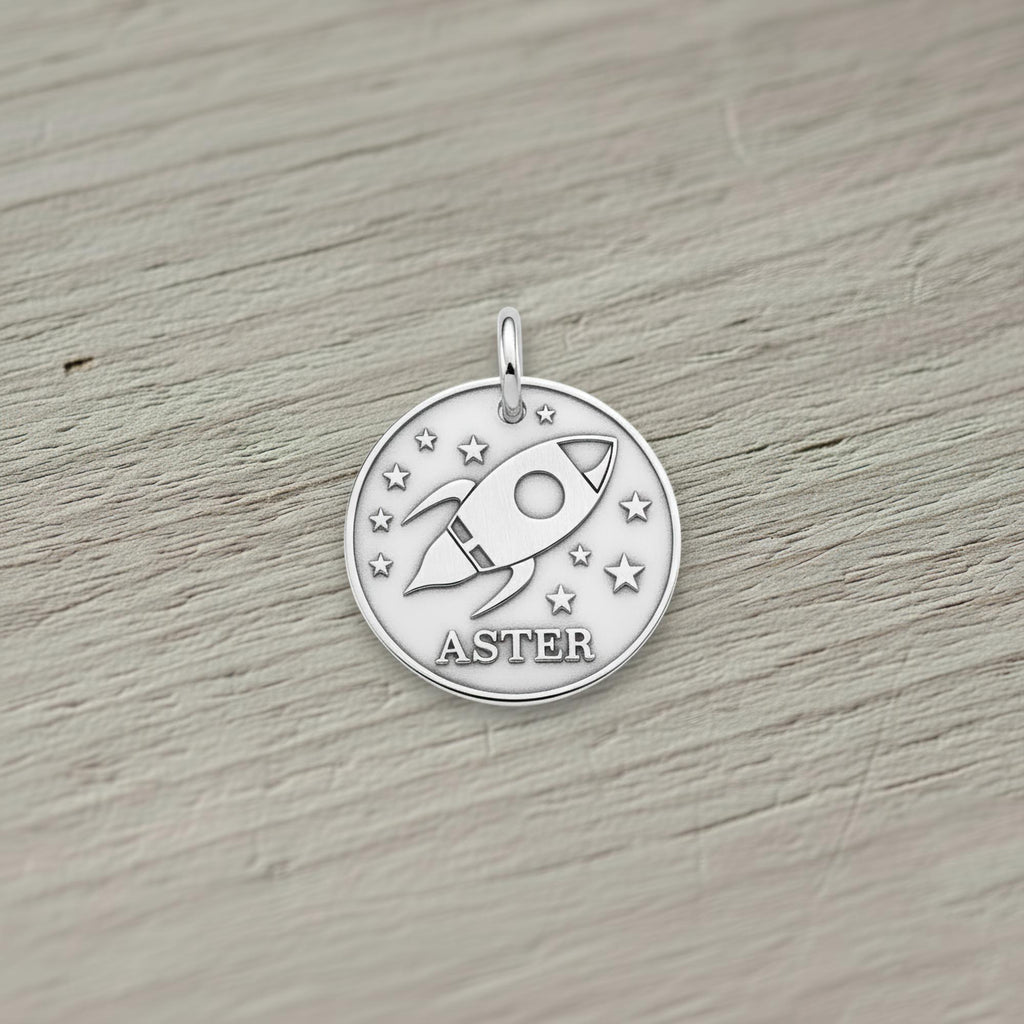 Rocket Dog Tag | Sterling Silver Custom Space Spaceship Pet ID Tag | Engraved Dog Tag, additional detail