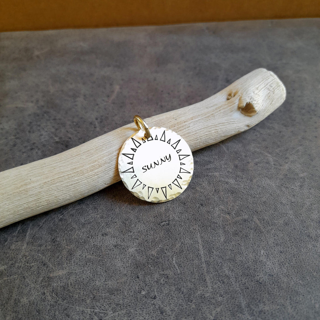 The Solar Token | Artisan Sun Pet ID & Custom Engraved Dog Tag, close-up detail