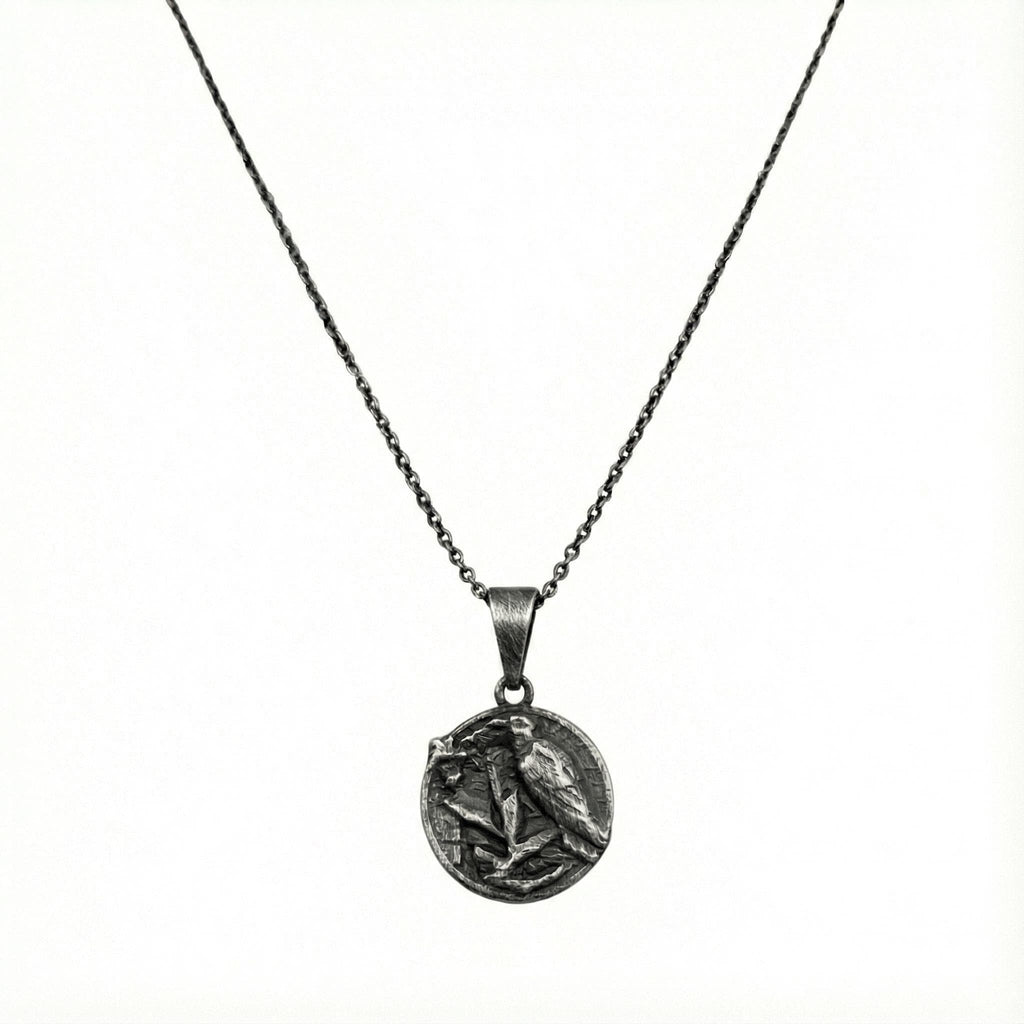 Raven Medallion side view, pendant and chain detail