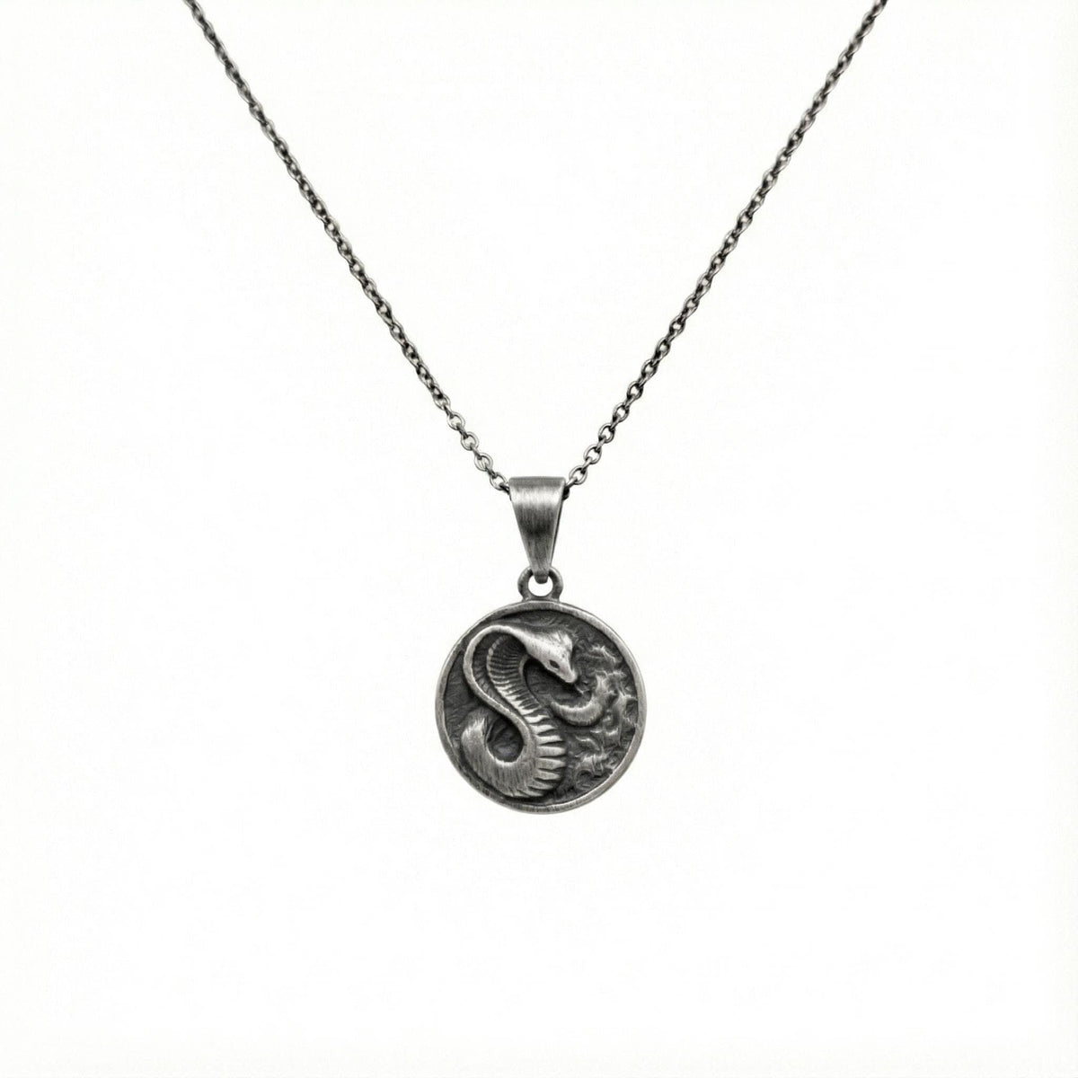 Cobra Medallion Necklace | Protective Talisman, in Oxidized Silver 925 finish