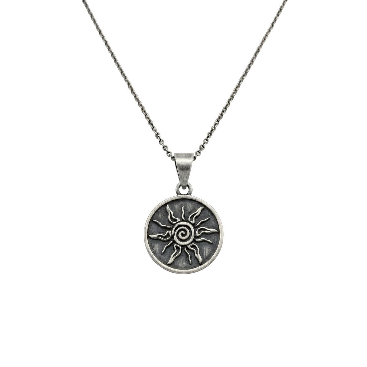 Sterling Silver Sun Necklace - Tribal Spiral Medallion Charm, in Oxidized Silver 925 finish