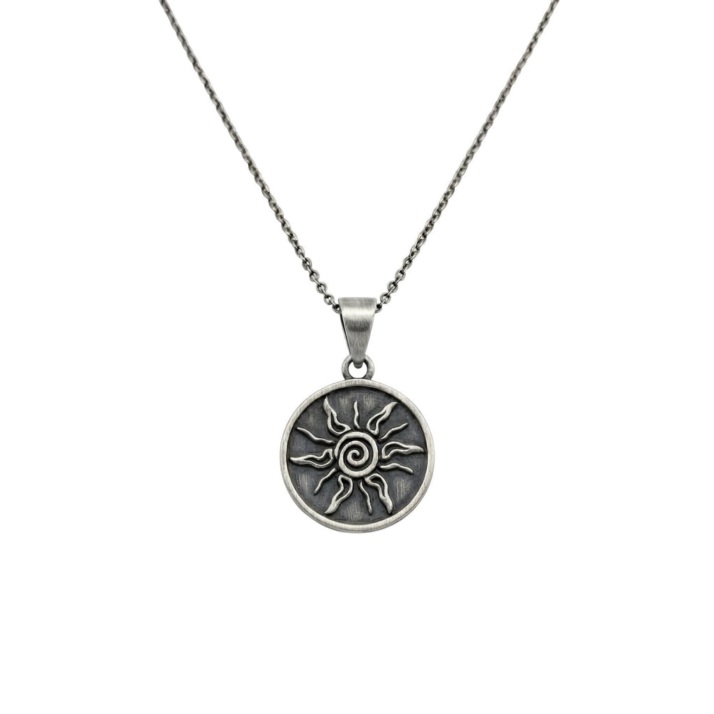 Tribal Sun Necklace side view, pendant and chain detail