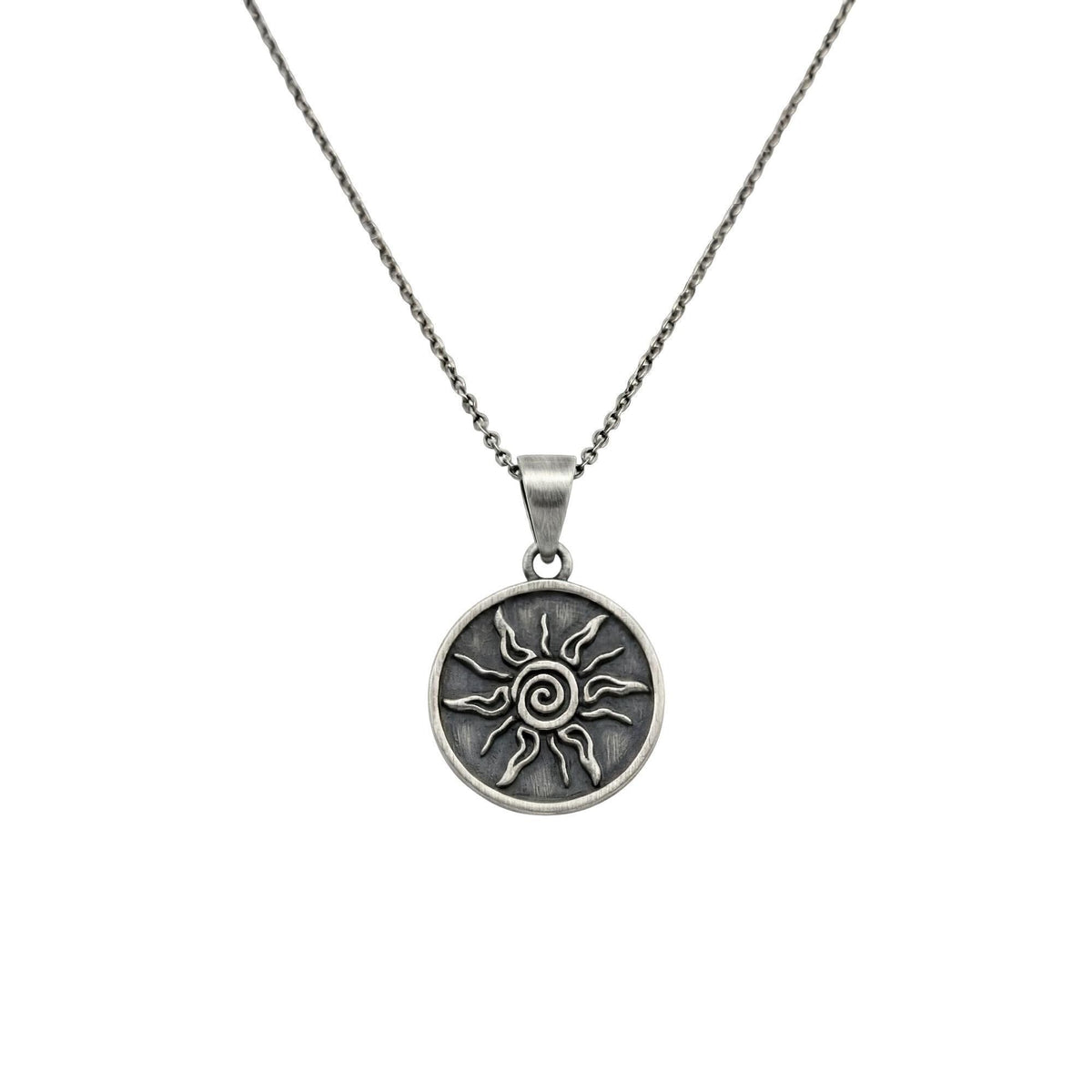 Tribal Sun Necklace side view, pendant and chain detail